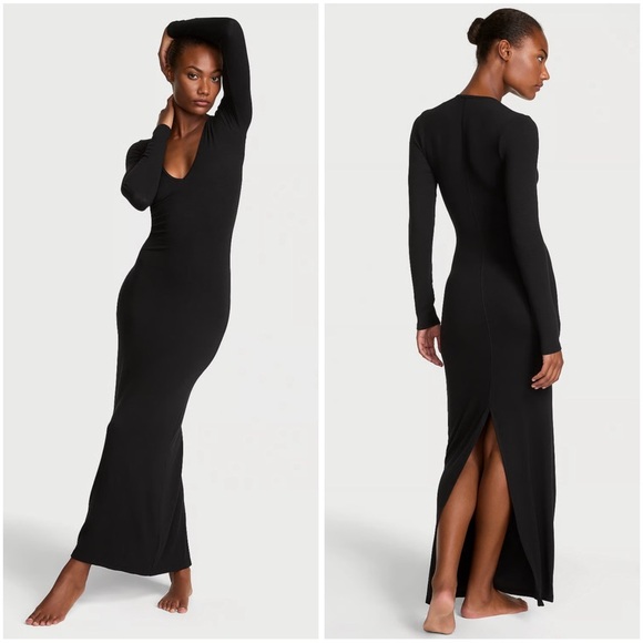 Victoria’ Secret Maxi Slip Dress Women XXL Black Ribbed Modal Deep-V Long-Sleeve - Picture 1 of 8